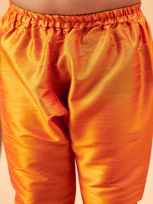 Boy's Maroon Nehru Jacket With Orange Kurta And Pyjama Set